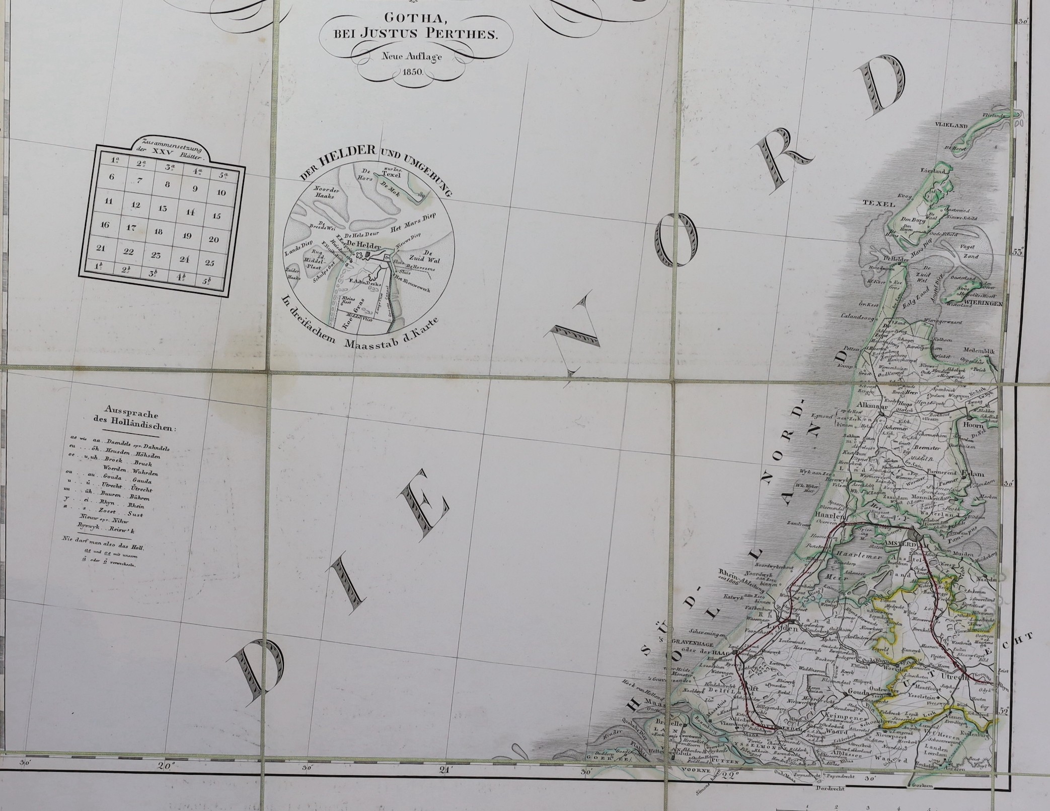 Stieler, Adolf - Germany, an incomplete set of 20 (of 25) engraved linen backed folding maps, coloured in outline, numbers 1-5, 11-25, dated 1850, 49.5 x 40.5cms. in badly damaged slip case, together with Parker, Joseph